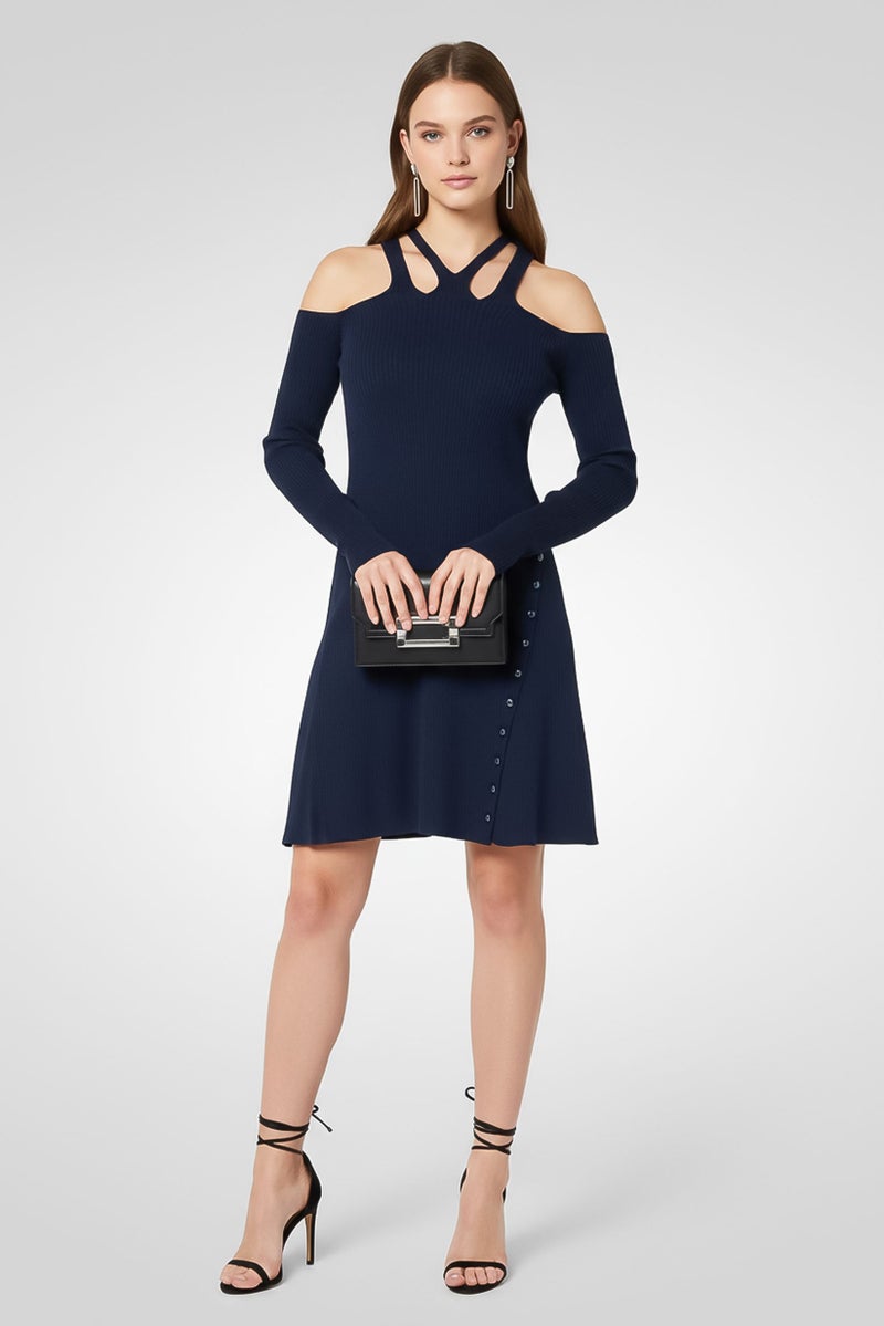 PINKO فستان نسائي بتصميم A-Line مع حواف مضلعة، أزرق داكن - Image 1